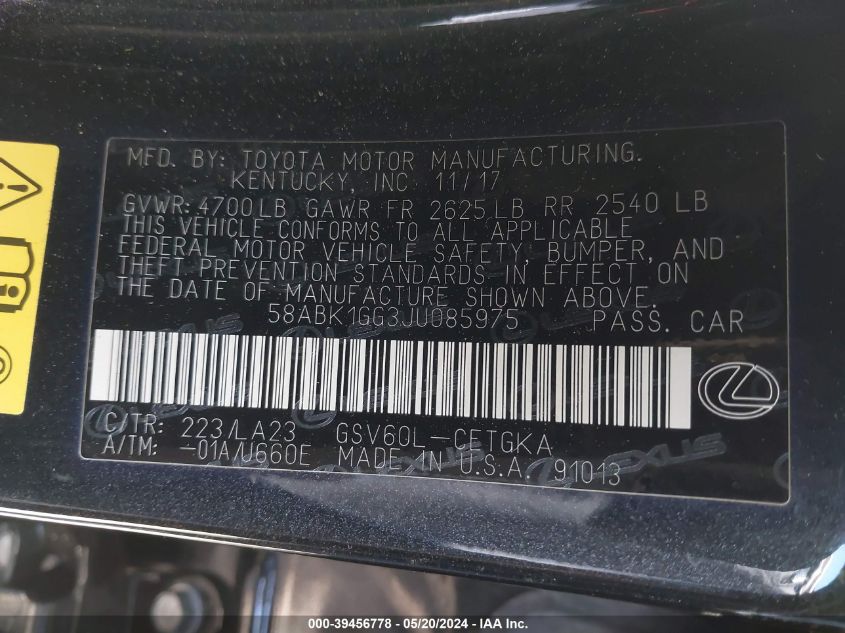 2018 Lexus Es 350 VIN: 58ABK1GG3JU085975 Lot: 39456778