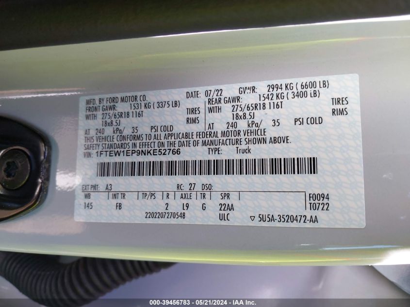 2022 Ford F-150 Xlt VIN: 1FTEW1EP9NKE52766 Lot: 39456783