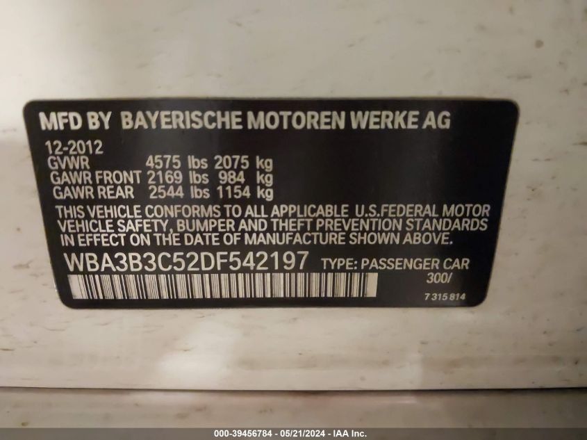 2013 BMW 328I xDrive VIN: WBA3B3C52DF542197 Lot: 39456784