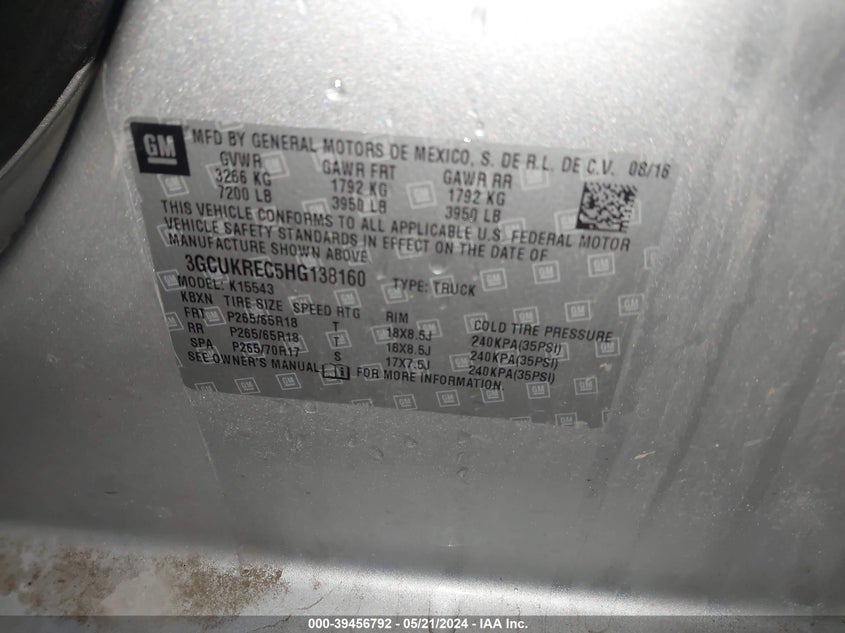2017 Chevrolet Silverado 1500 2Lt VIN: 3GCUKREC5HG138160 Lot: 39456792
