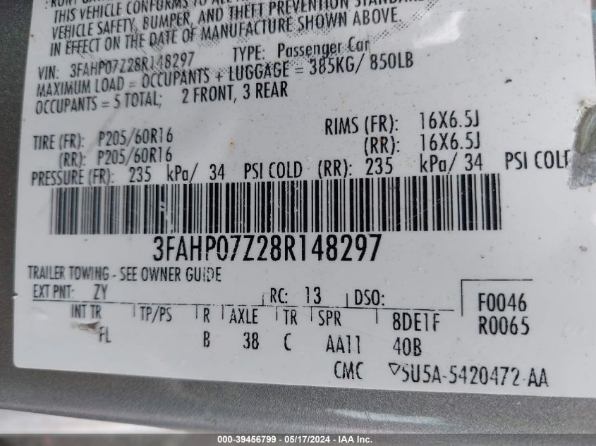 2008 Ford Fusion Se VIN: 3FAHP07Z28R148297 Lot: 39456799