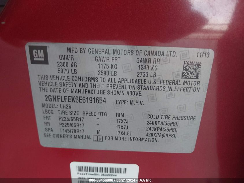 2014 Chevrolet Equinox 1Lt VIN: 2GNFLFEK6E6191654 Lot: 39456806