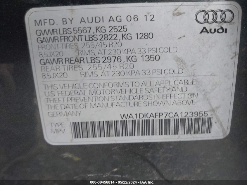 2012 Audi Q5 3.2 Premium Plus VIN: WA1DKAFP7CA123955 Lot: 39456814