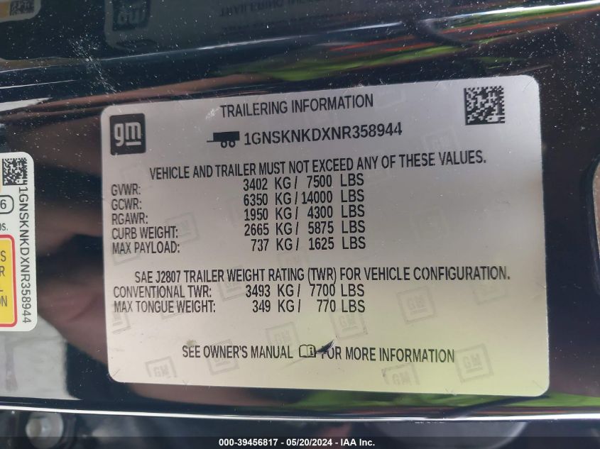 2022 Chevrolet Tahoe 4Wd Lt VIN: 1GNSKNKDXNR358944 Lot: 39456817