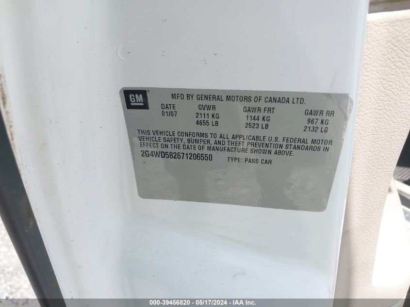 2007 Buick Lacrosse Cxl VIN: 2G4WD582671206550 Lot: 39456820
