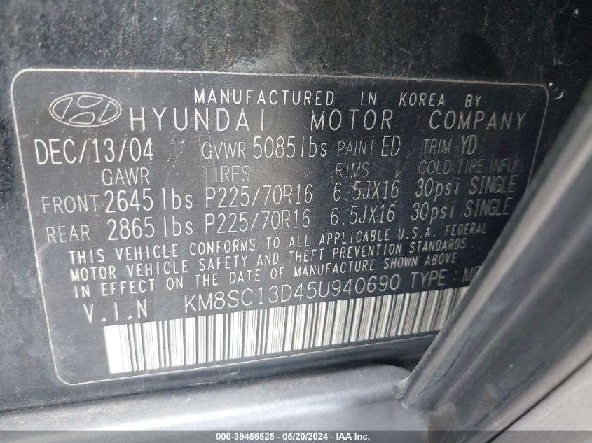 2005 Hyundai Santa Fe Gls VIN: KM8SC13D45U940690 Lot: 39456825