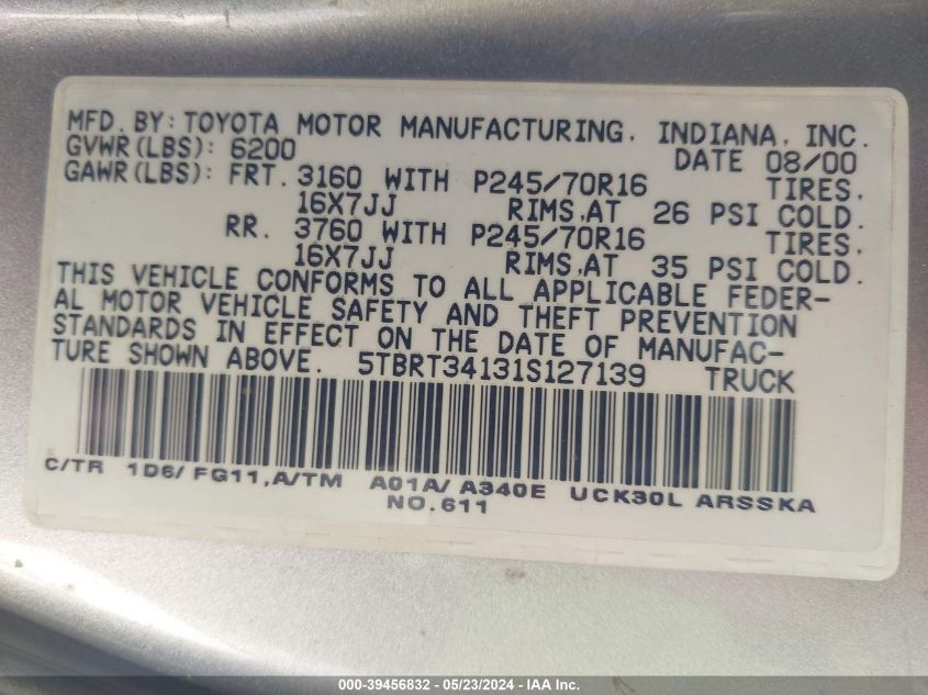 2001 Toyota Tundra Sr5 V8 VIN: 5TBRT34131S127139 Lot: 39456832