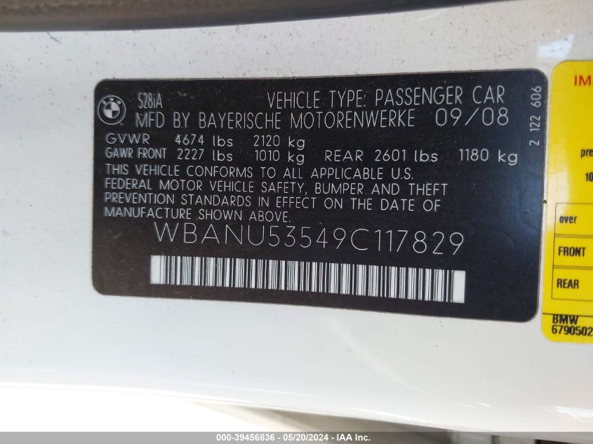2009 BMW 528I VIN: WBANU53549C117829 Lot: 39456836