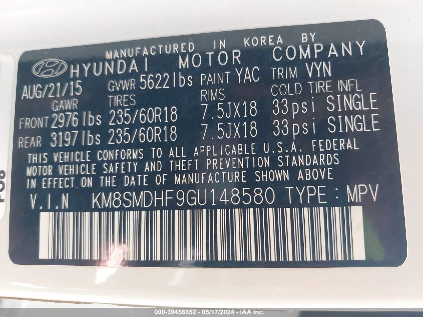 2016 Hyundai Santa Fe Se VIN: KM8SMDHF9GU148580 Lot: 39456852