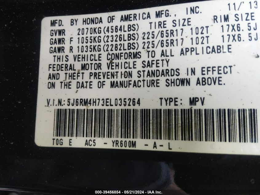 2014 Honda Cr-V Ex-L VIN: 5J6RM4H73EL035264 Lot: 39456854