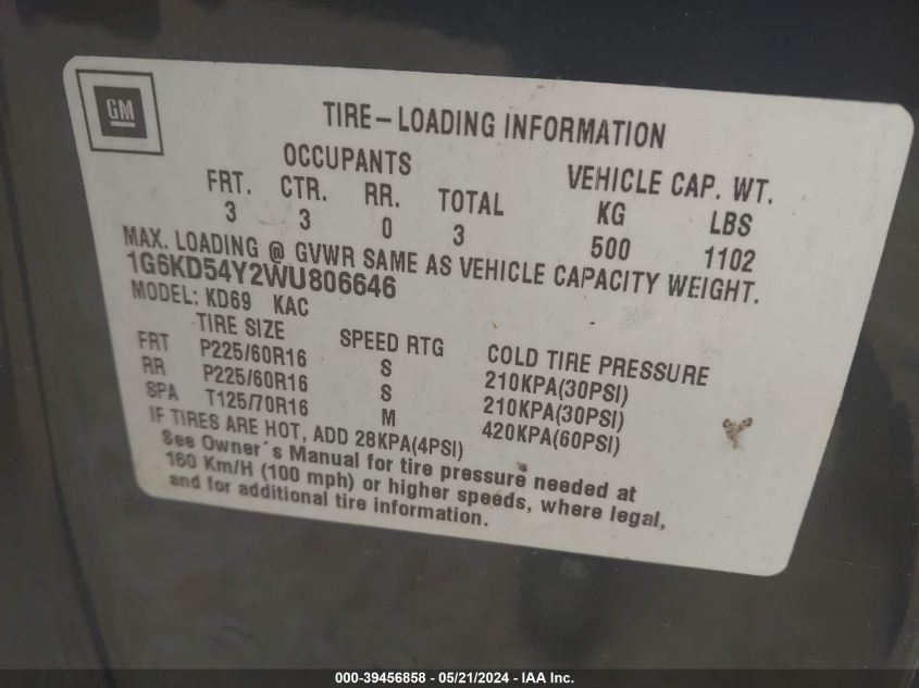 1998 Cadillac Deville Standard VIN: 1G6KD54Y2WU806646 Lot: 39456858