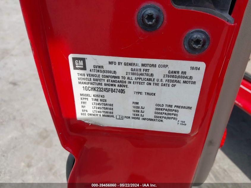 2005 Chevrolet Silverado 2500Hd Ls VIN: 1GCHK23245F847405 Lot: 39456860