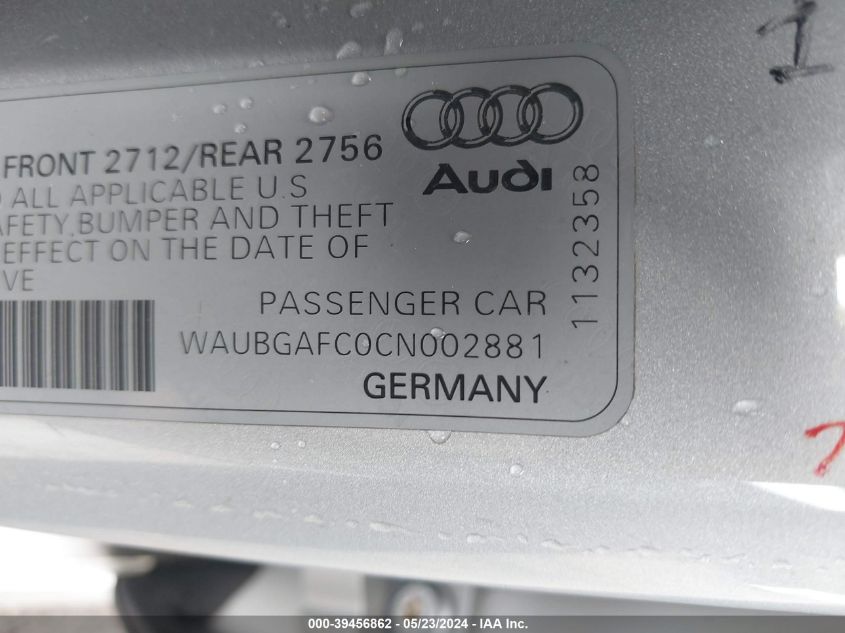 2012 Audi A6 3.0 Premium VIN: WAUBGAFC0CN002881 Lot: 39456862