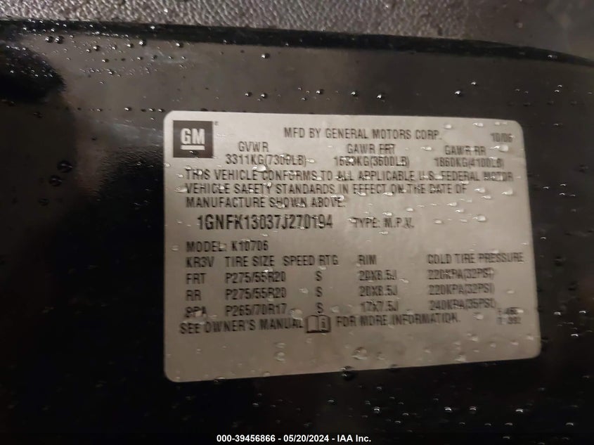 2007 Chevrolet Tahoe Ltz VIN: 1GNFK13037J270194 Lot: 39456866