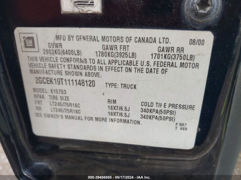 2001 Chevrolet Silverado 1500 Ls VIN: 2GCEK19T111148120 Lot: 39456885