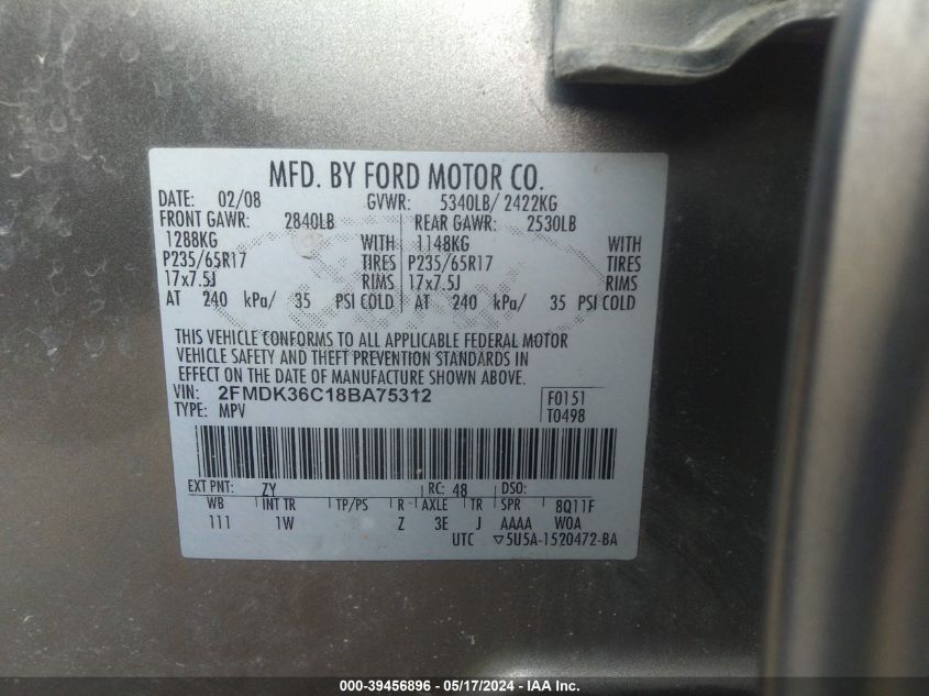 2008 Ford Edge Se VIN: 2FMDK36C18BA75312 Lot: 39456896