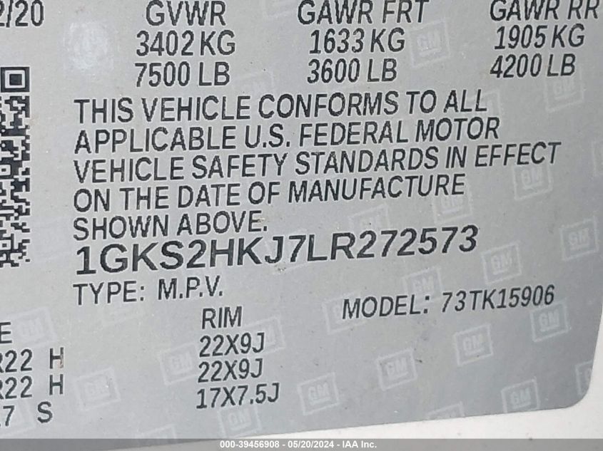 2020 GMC Yukon Xl 4Wd Denali VIN: 1GKS2HKJ7LR272573 Lot: 39456908