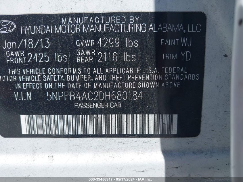 2013 Hyundai Sonata Gls VIN: 5NPEB4AC2DH680184 Lot: 39456917