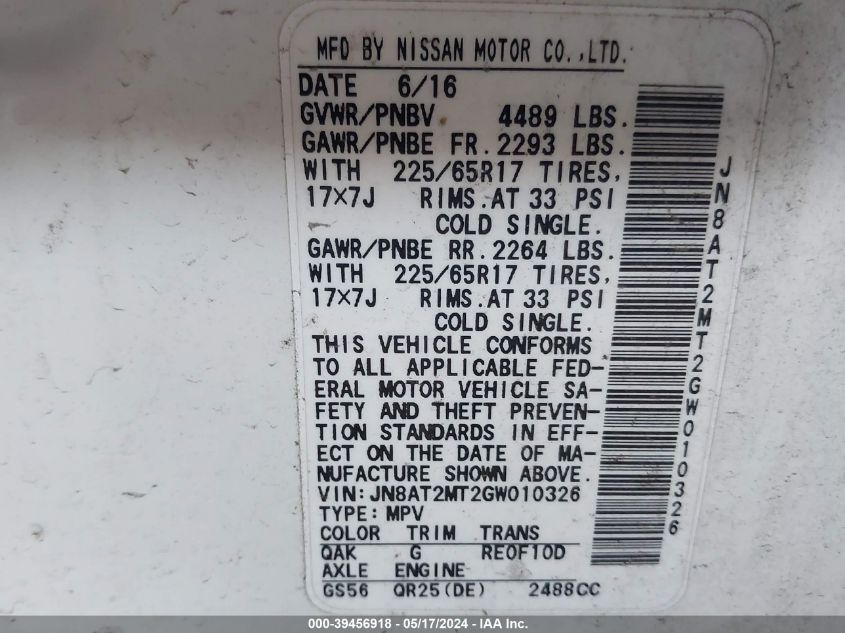 2016 Nissan Rogue S VIN: JN8AT2MT2GW010326 Lot: 39456918