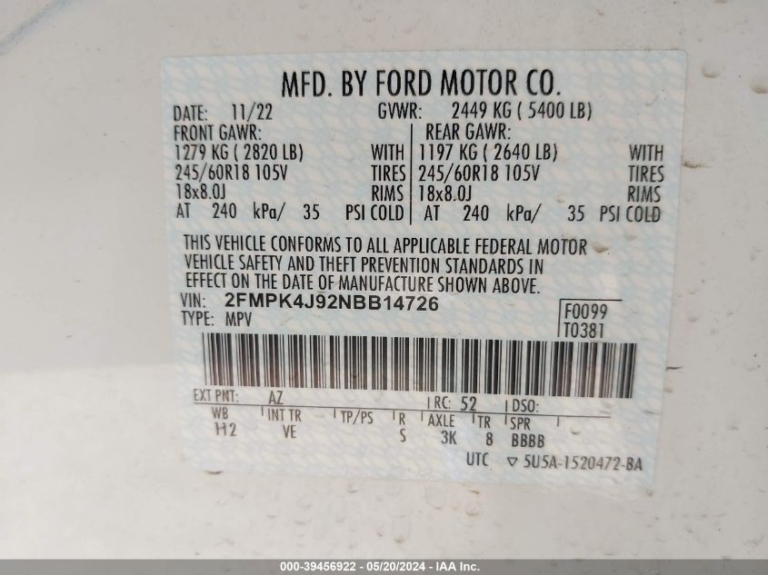 2022 Ford Edge Sel VIN: 2FMPK4J92NBB14726 Lot: 39456922