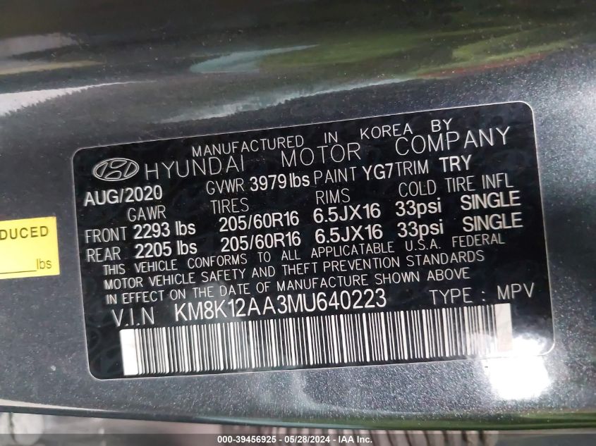 2021 Hyundai Kona Se VIN: KM8K12AA3MU640223 Lot: 39456925