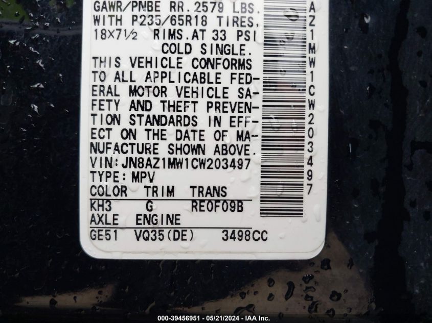 2012 Nissan Murano Sl VIN: JN8AZ1MW1CW203497 Lot: 39456951