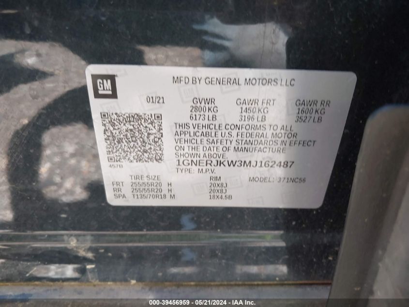 2021 Chevrolet Traverse Fwd Rs VIN: 1GNERJKW3MJ162487 Lot: 39456959