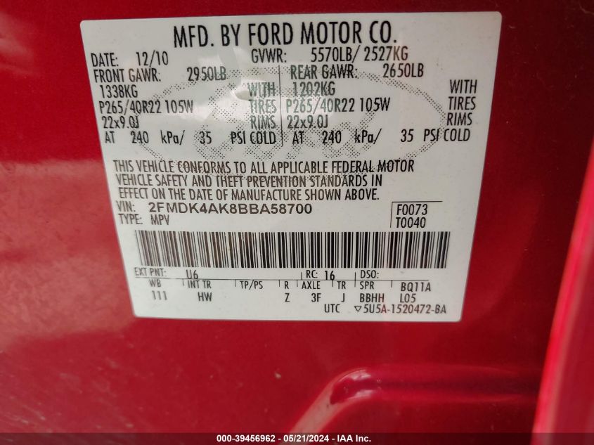 2011 Ford Edge Sport VIN: 2FMDK4AK8BBA58700 Lot: 39456962