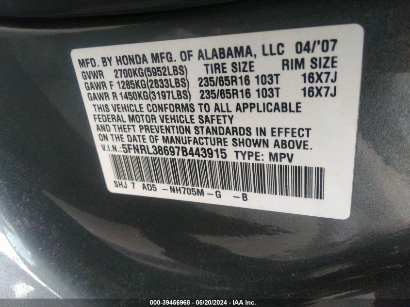 2007 Honda Odyssey Ex-L VIN: 5FNRL38697B443915 Lot: 39456968