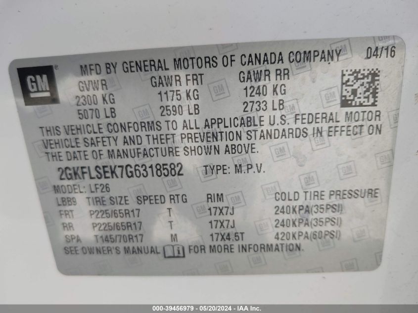 2016 GMC Terrain Sle-1 VIN: 2GKFLSEK7G6318582 Lot: 39456979