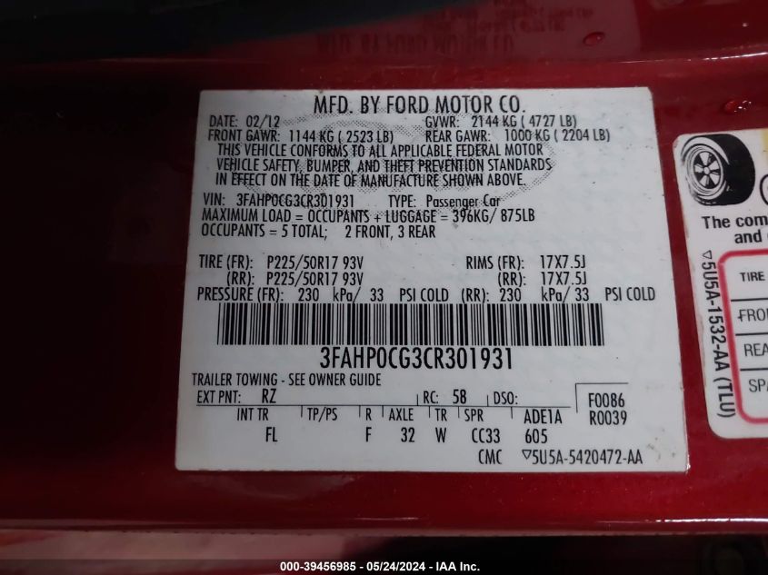 2012 Ford Fusion Sel VIN: 3FAHP0CG3CR301931 Lot: 39456985