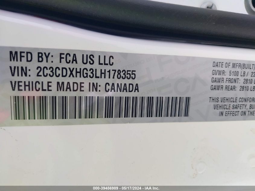 2020 Dodge Charger Gt Rwd VIN: 2C3CDXHG3LH178355 Lot: 39456989