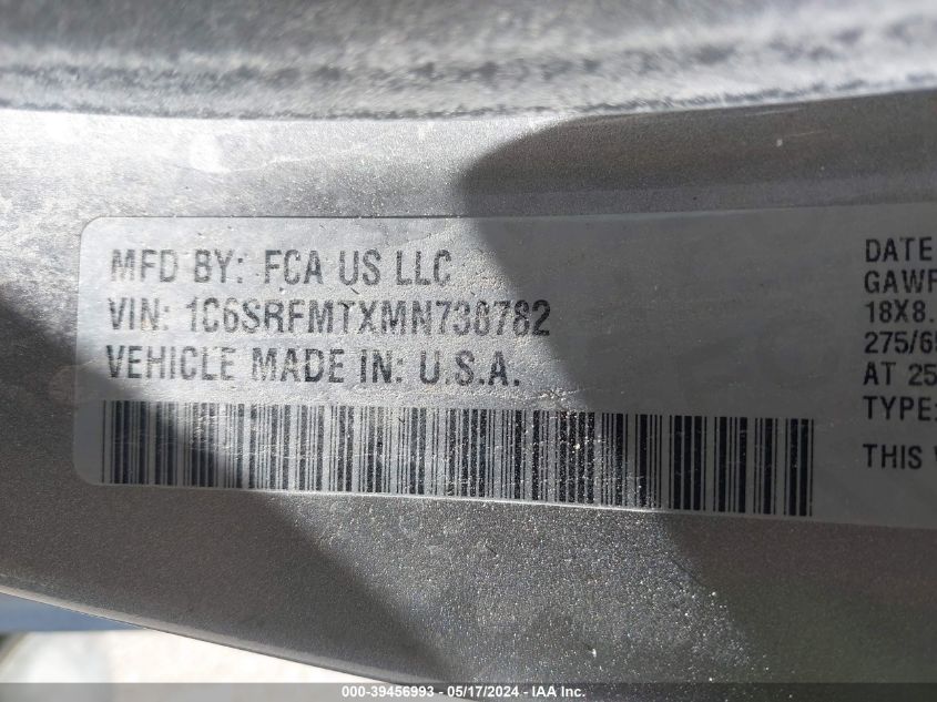 2021 Ram 1500 Big Horn 4X4 6'4 Box VIN: 1C6SRFMTXMN738782 Lot: 39456993