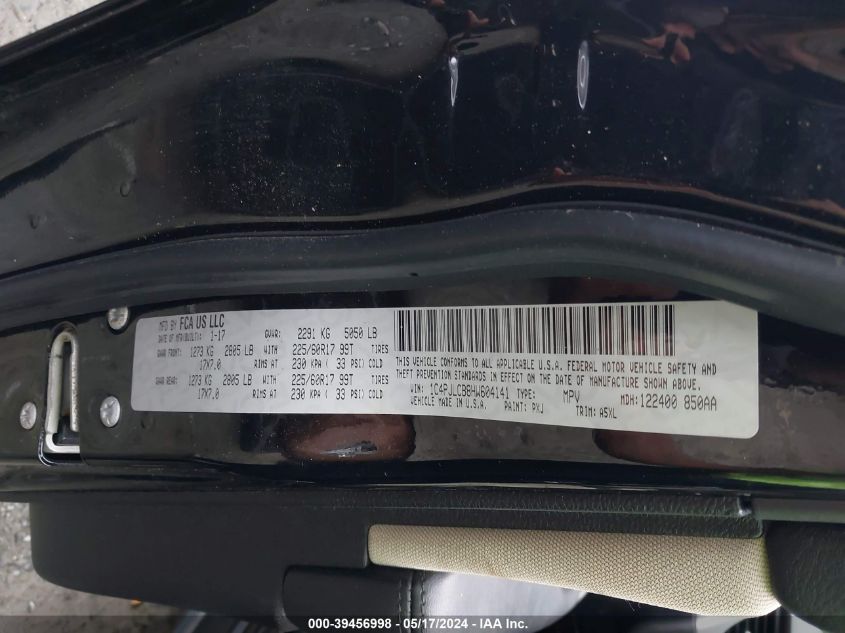 2017 Jeep Cherokee Latitude Fwd VIN: 1C4PJLCB8HW604141 Lot: 39456998