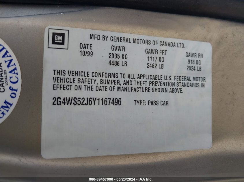 2000 Buick Century Custom VIN: 2G4WS52J6Y1167496 Lot: 39457000