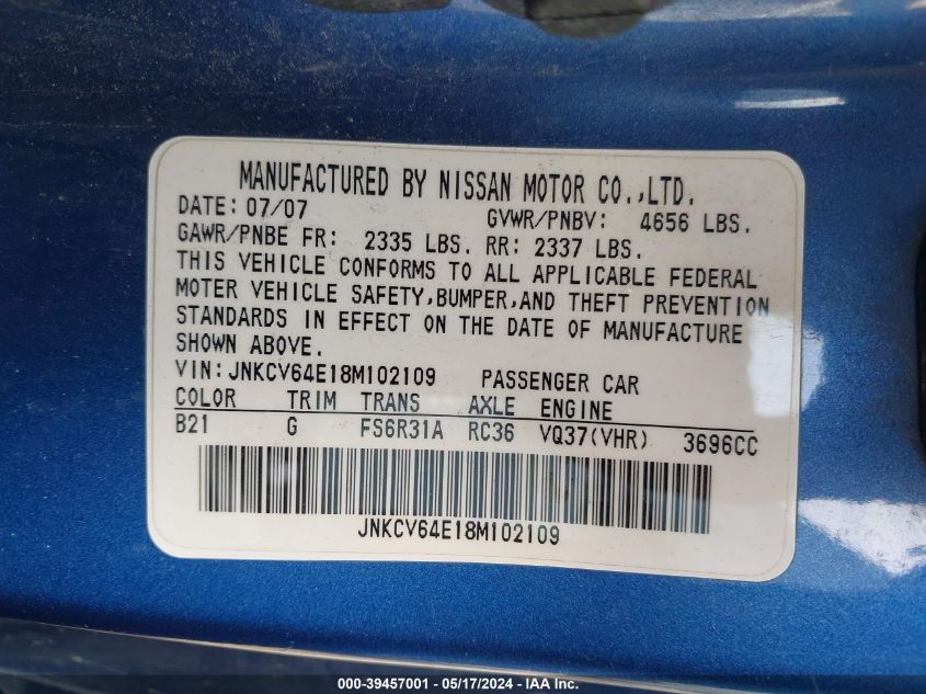 2008 Infiniti G37 Sport VIN: JNKCV64E18M102109 Lot: 39457001