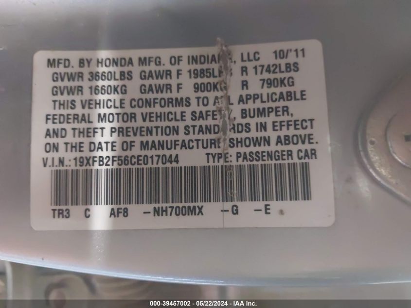 2012 Honda Civic Lx VIN: 19XFB2F56CE017044 Lot: 39457002