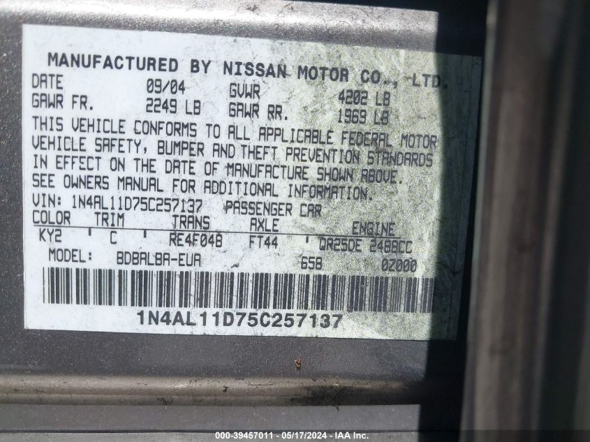 2005 Nissan Altima 2.5 S VIN: 1N4AL11D75C257137 Lot: 39457011
