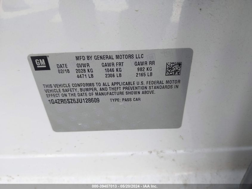 2018 Buick Lacrosse Premium VIN: 1G4ZR5SZ6JU128609 Lot: 39457013