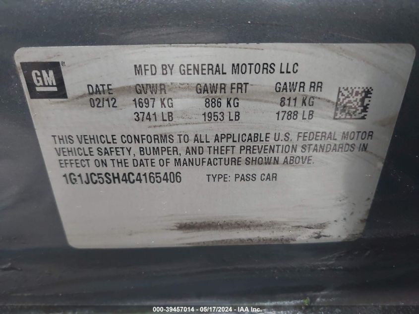 2012 Chevrolet Sonic 2Lt VIN: 1G1JC5SH4C4165406 Lot: 39457014