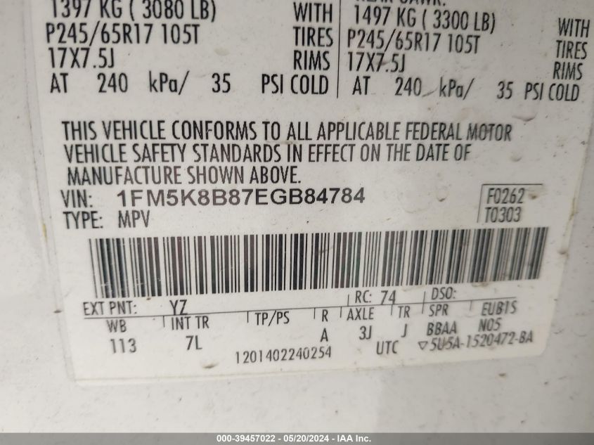 2014 Ford Explorer VIN: 1FM5K8B87EGB84784 Lot: 39457022