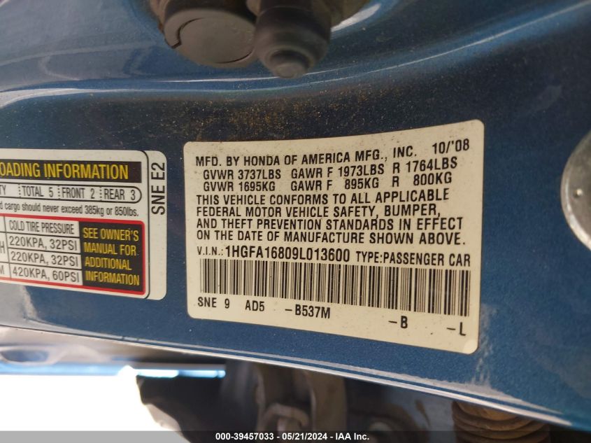 2009 Honda Civic Ex VIN: 1HGFA16809L013600 Lot: 39457033