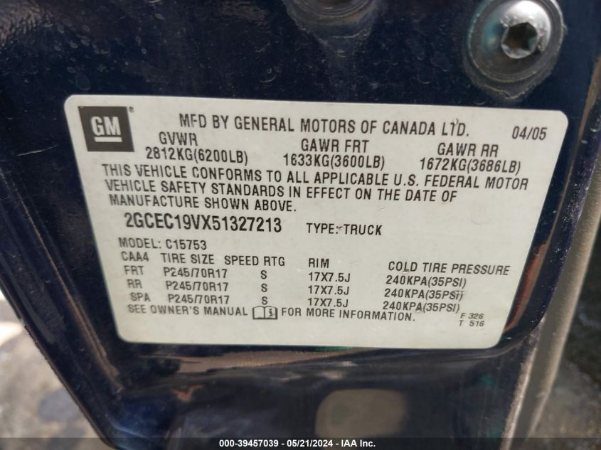 2005 Chevrolet Silverado 1500 Ls VIN: 2GCEC19VX51327213 Lot: 39457039