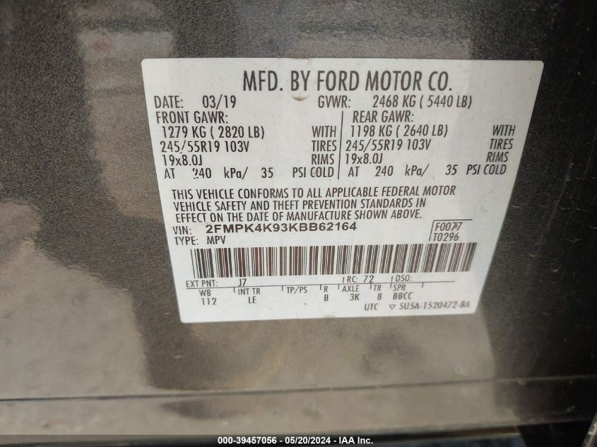 2019 Ford Edge Titanium VIN: 2FMPK4K93KBB62164 Lot: 39457056