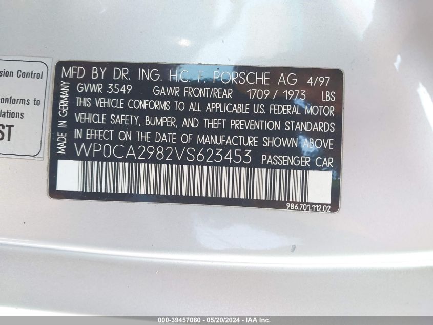 1997 Porsche Boxster VIN: WP0CA2982VS623453 Lot: 39457060