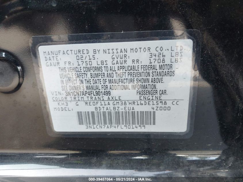 2015 Nissan Versa 1.6 Sv VIN: 3N1CN7AP4FL901499 Lot: 39457064