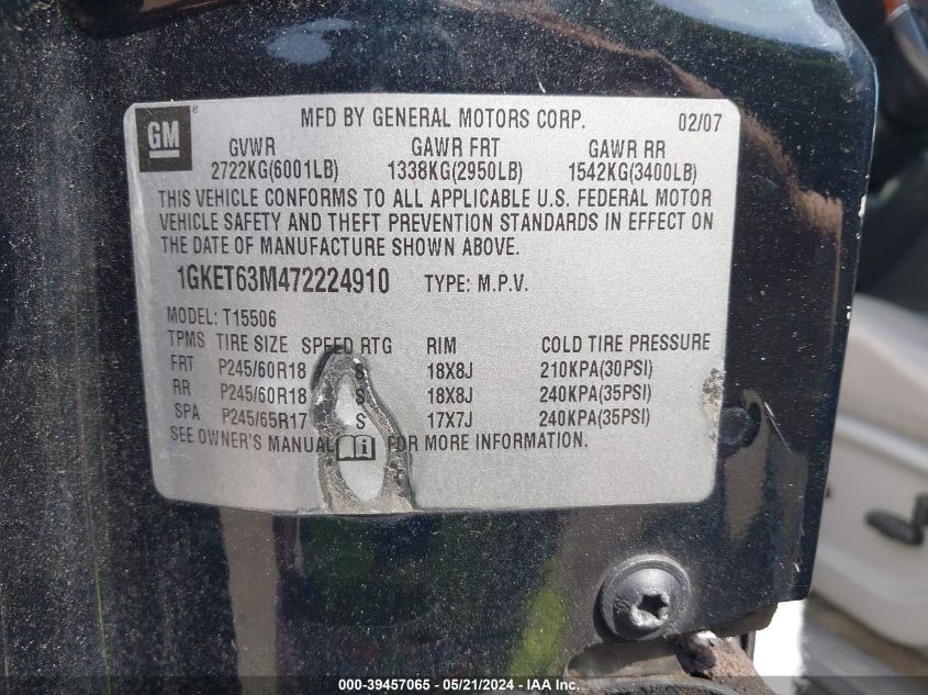 2007 GMC Envoy Denali VIN: 1GKET63M472224910 Lot: 39457065