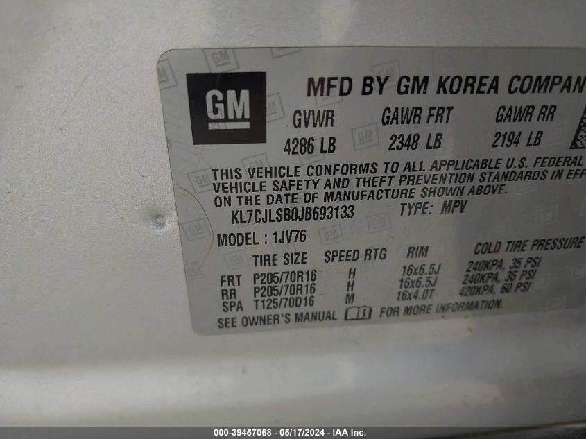 2018 Chevrolet Trax Lt VIN: KL7CJLSB0JB693133 Lot: 39457068