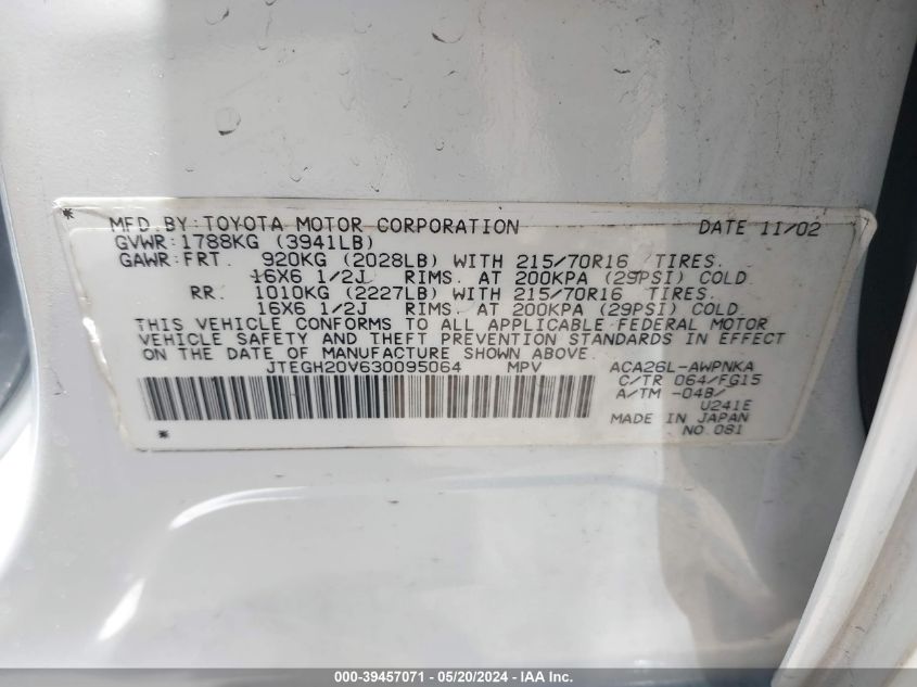 2003 Toyota Rav4 VIN: JTEGH20V630095064 Lot: 39457071