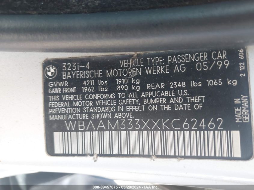 1999 BMW 323I VIN: WBAAM333XXKC62462 Lot: 39457075